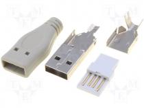 Plug, USB A, for cable, soldering, with cover