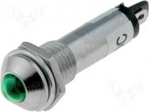 Indicator LED, prominent, green, 12VDC, dcutout Ø8.2mm, IP40