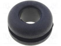 Grommet, Panel cutout diam 9mm, Hole dia 6mm, rubber, black