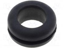 Grommet, Panel cutout diam 10mm, Hole dia 7.6mm, rubber, black