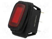 ROCKER, 2-position, SPST, ON-OFF, 16A/250VAC, red, IP65, 50m