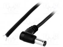 Cable, wires, DC 5,5/2,1 plug, angled, 0.5mm2, black, 3m, -20÷70C