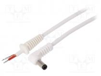 Cable, wires, DC 5,5/2,1 plug, angled, 1mm2, white, 1.5m, -20÷70C