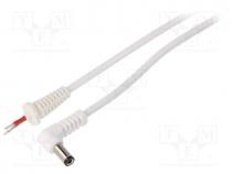 Cable, wires, DC 5,5/2,5 plug, angled, 1mm2, white, 1.5m, -20÷70C