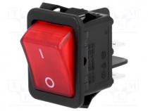 ROCKER, 2-position, DPST, ON-OFF, 16A/250VAC, red, neon lamp 230V