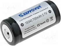 Re-battery  Li-Ion, 16340, 3.7V, 650mAh, Ø16x36mm, 3A