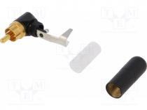 Plug, RCA, male, angled 90, soldering, black, gold-plated, 7.36mm