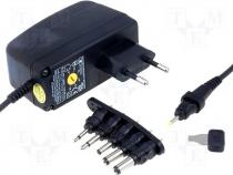 Mains regulated switch adaptor, different plugs, 3-12V