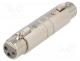 Coupler, XLR female,both sides, PIN  3, silver, straight