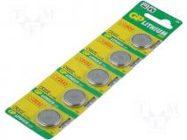Battery  lithium, CR2032,coin, 3V, 220mAh, non-rechargeable, 5pcs.
