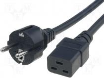 Cable, CEE 7/7 (E/F) plug, IEC C19 female, 2m, black, PVC, 16A
