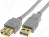 Cable, USB 2.0, USB A socket, USB A plug, gold plated, 5m