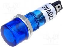 Indicator with FLUO neon lamp, flat, blue, 230VAC, dcutout Ø10mm