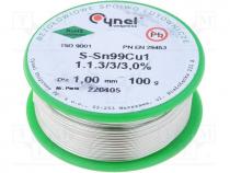 Solder, Sn99,3Cu0,7, wire, 1mm, 0.1kg, Flux  No Clean, 3%