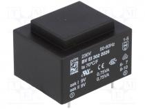 Transformer  encapsulated, 1.5VA, 230VAC, 9V, 9V, 83mA, 83mA, 70g