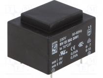 Transformer  encapsulated, 1VA, 230VAC, 9V, 9V, 56mA, 56mA, 70g