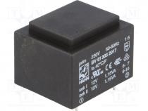 Transformer  encapsulated, 2.3VA, 230VAC, 12V, 12V, 95mA, 95mA, 81g