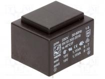 Transformer  encapsulated, 2.3VA, 230VAC, 15V, 15V, 76mA, 76mA, 81g