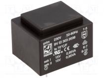 Transformer  encapsulated, 1.9VA, 230VAC, 15V, 15V, 63mA, 63mA, 81g