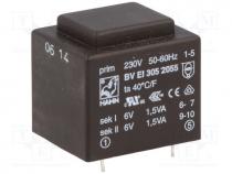 Transformer  encapsulated, 3VA, 230VAC, 6V, 6V, 250mA, 250mA, 111g