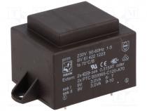 Transformer  encapsulated, 6VA, 230VAC, 9V, 9V, 334mA, 334mA, 200g