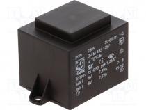 Transformer  encapsulated, 15VA, 230VAC, 6V, 6V, 1250mA, 1250mA