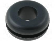 Grommet, Panel cutout diam 9.5mm, Hole dia 6.3mm, rubber, black