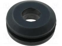 Grommet, Panel cutout diam 9.5mm, Hole dia 6.2mm, rubber, black