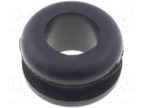 Grommet, Panel cutout diam 9mm, Hole dia 6mm, rubber, black
