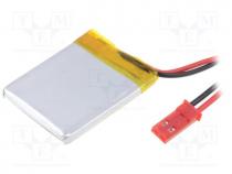 Rechargeable battery  Li-Po, 3.7V, 400mAh, Leads  cables
