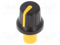 Knob, with pointer, ABS, Shaft d 6mm, Ø16x14.4mm, black, push-in