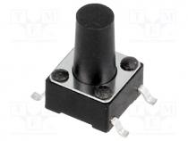 Microswitch, 1-position, SPST-NO, 0.05A/12VDC, SMT, 1.6N, 6x6mm