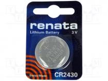 Battery  lithium, 3V, CR2430, Batt.no 1, Ø24.5x3mm, 285mAh