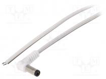 Cable, wires, DC 5,5/2,1 plug, angled, 0.5mm2, white, 3m, -20÷70C