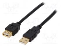 Cable, USB 2.0, USB A socket, USB A plug, gold plated, black