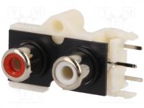 Socket, RCA, female, double deck, angled 90, THT, No.of sockets 2