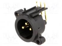 Socket, XLR, male, PIN 3, angled 90, THT, black, 6A, 19.8x19.8mm