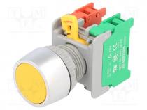 Switch  push-button, 1-position, NC + NO, 3A/230VAC, 22mm, yellow