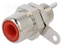 Socket, RCA, female, straight, soldering, brass, nickel plated