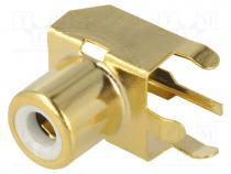 Socket, RCA, female, angled 90, THT, brass, gold-plated, on PCBs