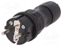 Connector  AC supply, male, plug, 2P+PE, 250VAC, 16A, black, PIN  3