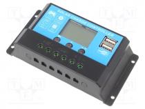 Charging regulator, solar panel, 10A, 12/24VDC, -20....55C
