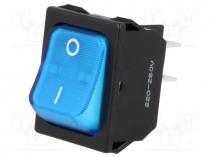 ROCKER, DPST, Pos  2, OFF-ON, 10A/250VAC, blue, neon lamp 250V, 50m