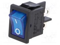 ROCKER, DPST, Pos  2, OFF-ON, 6A/250VAC, blue, neon lamp 250V, 50m