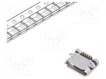 Socket, USB B micro, on PCBs, SMT, PIN  5, horizontal, USB 2.0
