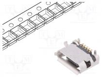 Socket, USB B micro, on PCBs, SMT,THT, PIN  5, horizontal, USB 2.0