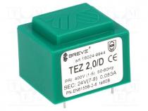 Transformer  encapsulated, 2VA, 400VAC, 24V, PCB, IP00, 90g, A  28mm