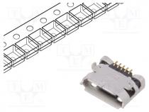 Socket, USB B micro, on PCBs, SMT,THT, PIN  5, horizontal, USB 2.0