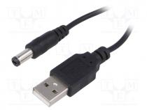 Cable, USB A plug,DC 5,5/2,1 plug, straight, black, 0.8m, 5....50C