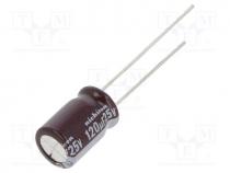 Capacitor  electrolytic, low ESR, THT, 120uF, 25VDC, Ø8x11.5mm